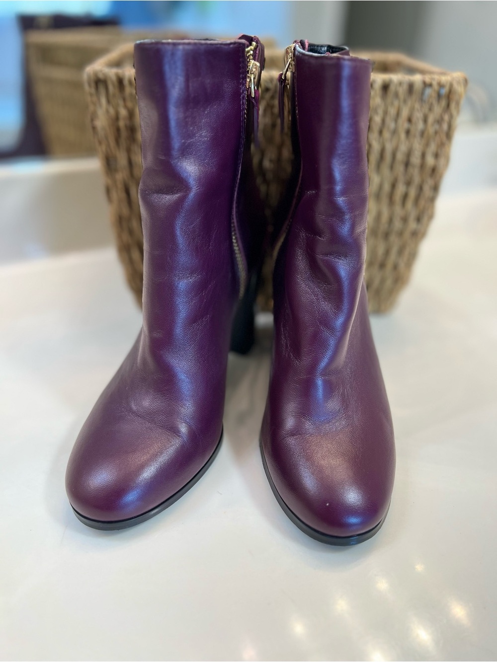 Women's Leather Ankle Booties in Deep Plum